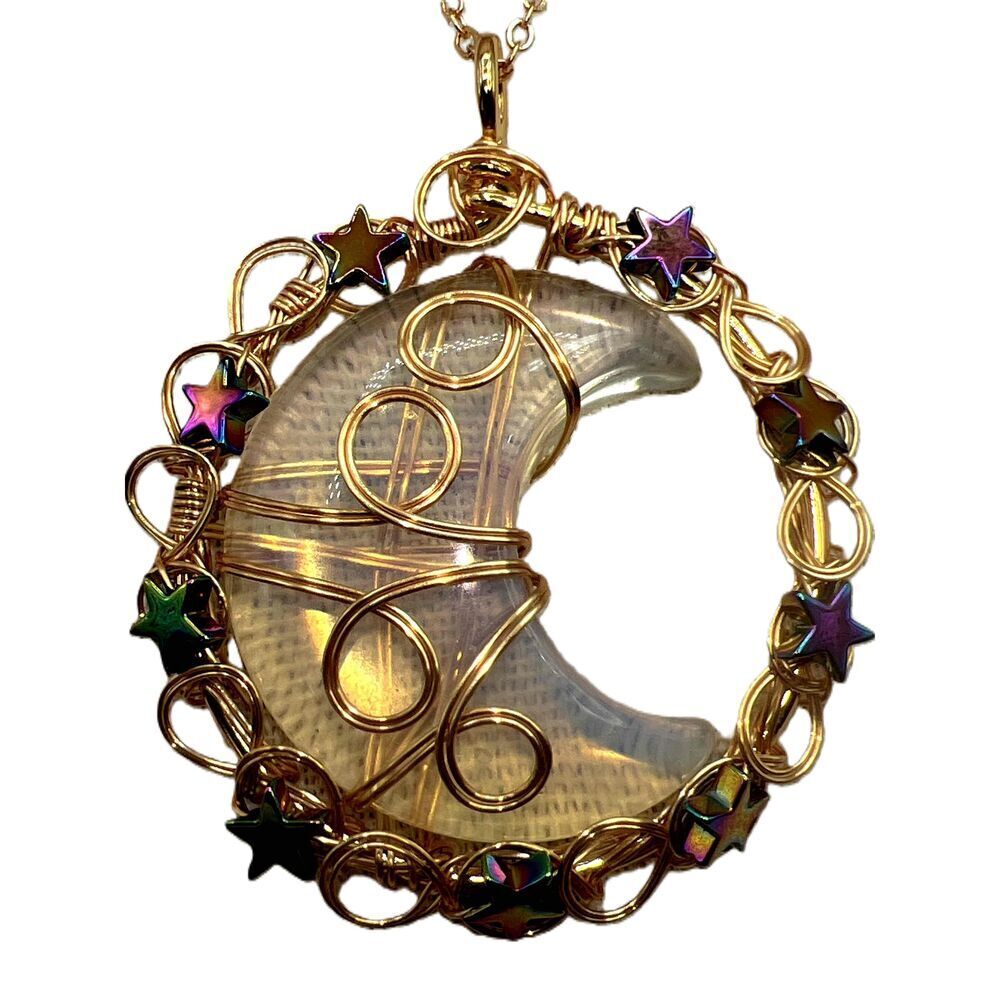 New Opal Copper Wire Wrapped Moon Pendant Gold Tone Necklace - Picture 3 of 13